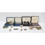 Silver-plated items including a cased condiment set, six cased soup spoons, two ladles, two