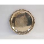 George V silver tray of circular form with crimped edge, foliate engraved decoration, Birmingham