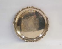 George V silver tray of circular form with crimped edge, foliate engraved decoration, Birmingham