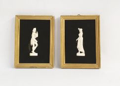 Ivory miniature figures on velvet, possibly French, lady and gentleman in nineteenth century