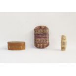 Two straw boxes and carved bone prisoner of war pierced barrel containing miniature dominoes