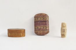 Two straw boxes and carved bone prisoner of war pierced barrel containing miniature dominoes