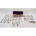 Mother-of-pearl and stainless steel fruit knife set, assorted EPNS flatware and a pair of cased fish