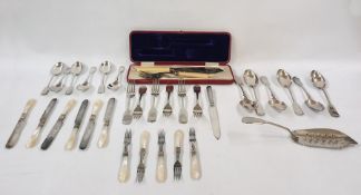 Mother-of-pearl and stainless steel fruit knife set, assorted EPNS flatware and a pair of cased fish