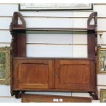 19th century mahogany wall-hanging shelf unit with two shelves and two cupboard doors, 60.5cm x 64cm