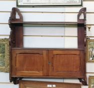 19th century mahogany wall-hanging shelf unit with two shelves and two cupboard doors, 60.5cm x 64cm