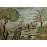 Pair of Georgian silkwork pictures with figures in landscape, 15cm x 20cm (2)
