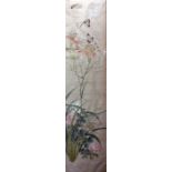 Pair Chinese watercolour drawings Trailing floral sprays with butterflies, 80cm x 19cm (2)