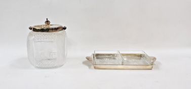 19th century cut-glass biscuit barrel with EPNS mount, swing handle and lid and an EPNS hors d'