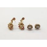 Pair gold coloured metal diamond and ruby foliate drop earrings and pair gold opal ,diamond and