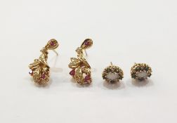 Pair gold coloured metal diamond and ruby foliate drop earrings and pair gold opal ,diamond and