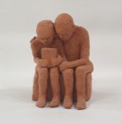 Marlene Badger terracotta sculpture of African boys reading, 14cm tall