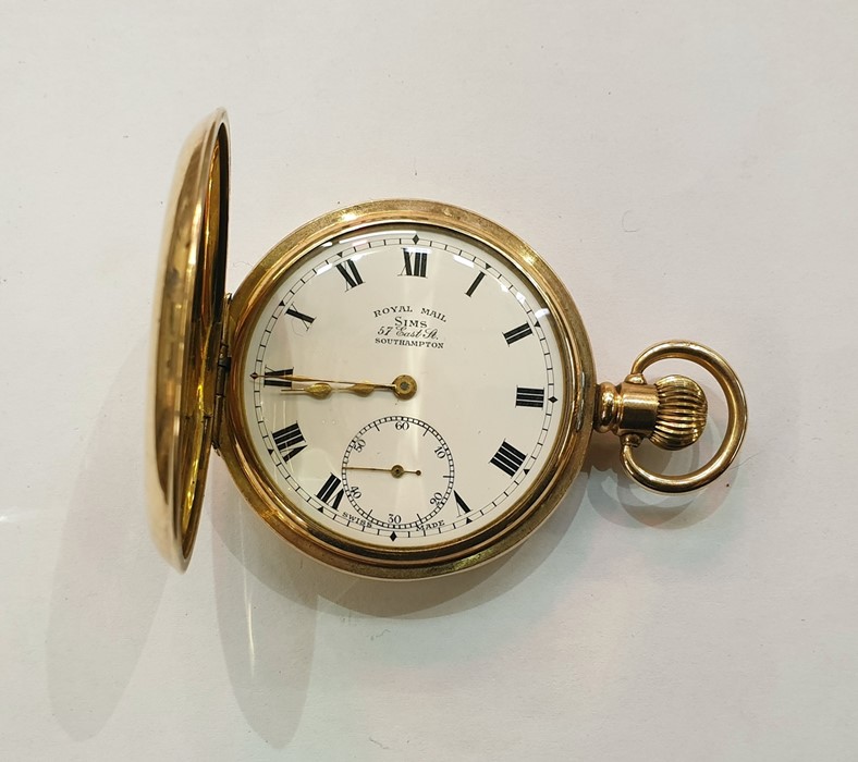 Denison gold-plated half hunter pocket watch, button winding, inscribed to face 'Royal Mail Sims', - Image 2 of 2