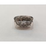 18ct white gold and diamond ring, elliptical-shaped, set three rectangular stones to the centre