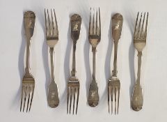 Set of six William IV silver fiddle pattern table forks bearing goat armorial, London 1837 by