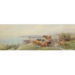 Unattributed Watercolour drawing Cattle grazing and resting on a coastal path, 18cm x 51cm (framed
