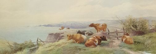 Unattributed Watercolour drawing Cattle grazing and resting on a coastal path, 18cm x 51cm (framed