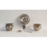 Pair of Edward VII silver salts with gilt washed interiors, blue glass liners, Sheffield 1909 by Lee