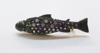 Yellow and white metal, amethyst, peridot and diamond fish brooch, allover set with multiple stones,