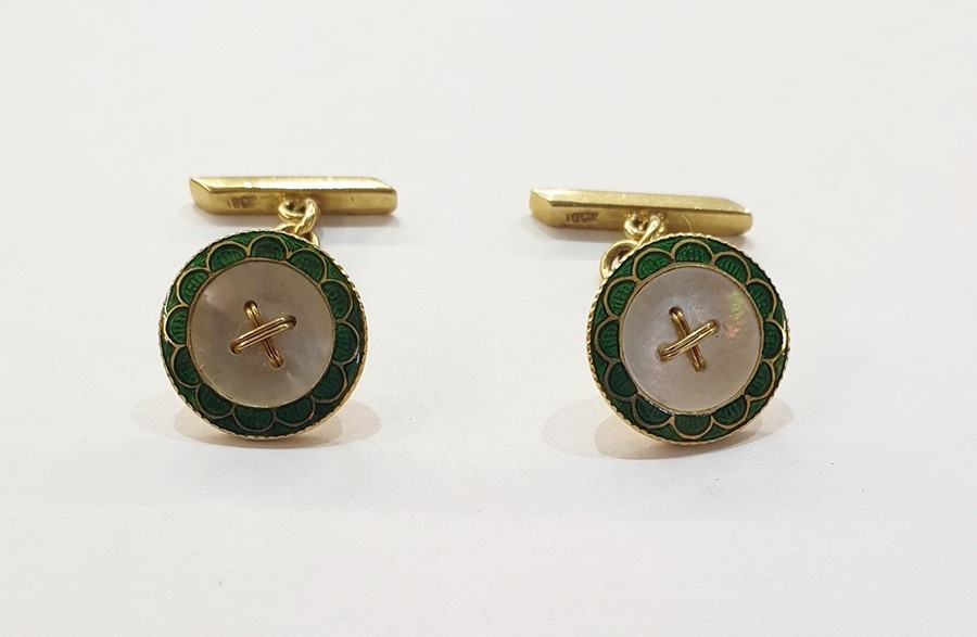 Pair 18ct gold green guilloche enamel and mother of pearl cufflinks, circle, chain and bar