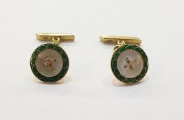 Pair 18ct gold green guilloche enamel and mother of pearl cufflinks, circle, chain and bar