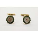 Pair 18ct gold green guilloche enamel and mother of pearl cufflinks, circle, chain and bar