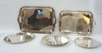 Various silver-plated trays, one circular salver marked Mappin & Webb Princes Plate, another