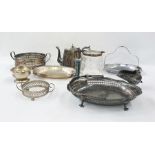 Quantity of silver-plate including cut-glass biscuit barrel, coffee pot, helmet-shaped sugar bowl