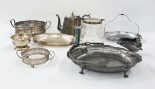 Quantity of silver-plate including cut-glass biscuit barrel, coffee pot, helmet-shaped sugar bowl