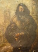 Unattributed (19th century)  Oil on canvas Continental bearded figure with bagpipes, buildings in
