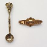 9ct gold pearl and diamond bar brooch, shaped, set with central old cut diamond and two pearls and a