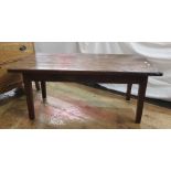 Oak coffee table, the rectangular plank top on square section tapering supports, 117cm x 50cm