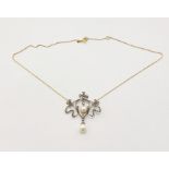 White metal, diamond and pearl Edwardian-style necklace, open scroll and ribbon design set with