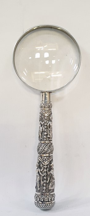 Burmese/Indian white metal handled magnifying glass, figure decorated