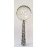 Burmese/Indian white metal handled magnifying glass, figure decorated