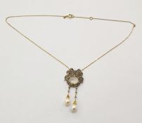 Edwardian-style yellow metal, moonstone and pearl necklace, with seedpearl set ribbon above oval