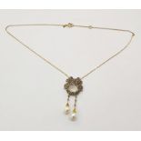 Edwardian-style yellow metal, moonstone and pearl necklace, with seedpearl set ribbon above oval