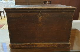 19th century stained pine box with lift-top, the whole raised on plinth base, 43cm x 28cm