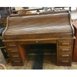 20th century tambour-fronted roll-top desk in oak, twin-pedestals, each of four drawers and