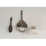 Silver-backed dressing table mirror, a silver-backed dressing table brush and a silver-lidded