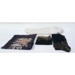 Black lace shawl with cream lace detail, black net scarf with sequin detail, length of black silk