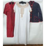 Woollen Ethnic-style smock dress with belt,  a white cotton Kaftan embroidered with gold-coloured