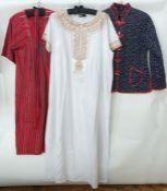 Woollen Ethnic-style smock dress with belt,  a white cotton Kaftan embroidered with gold-coloured