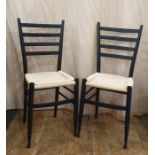 Set of four black matt occasional chairs with ladder backs and woven string work seats