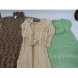 Two 1970's crochet dresses, cream and green and a mohair knitted jumper -dress (3)