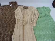 Two 1970's crochet dresses, cream and green and a mohair knitted jumper -dress (3)