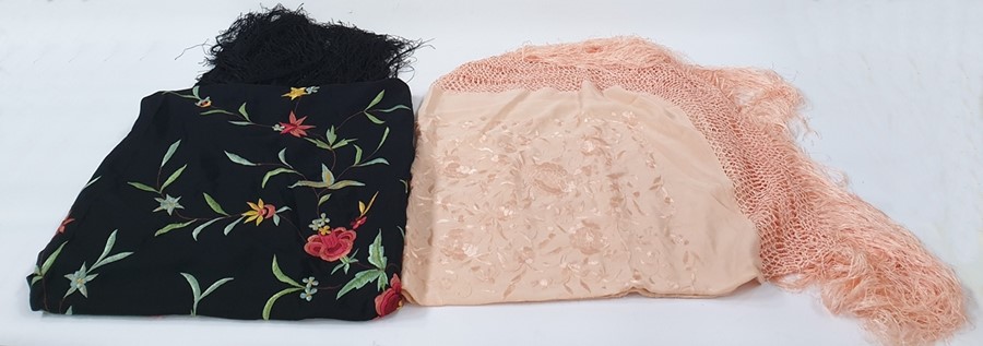 Large black silk embroidered piano shawl and a smaller peach embroidered shawl (2)  Condition