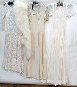 1930's crepe gown with steel cut embroidery and diamantes, a white Swansdown stole, a white lace