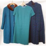 Various 60's and 70's dresses, a boucle turquoise wool coat with stylised buttons and a mink collar,