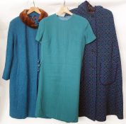 Various 60's and 70's dresses, a boucle turquoise wool coat with stylised buttons and a mink collar,